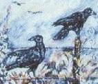 Juxtapositions which are often humorous. 
The crow is a stong figure for the artist.